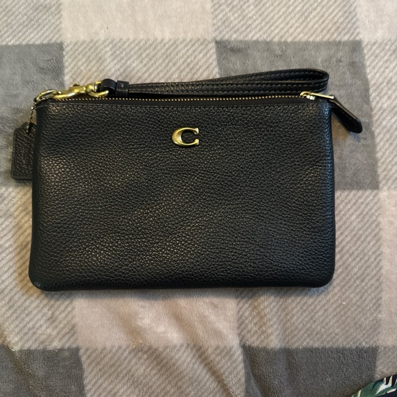 Black Coach Leather Wristlet with Gold Accents - Picture 1 of 5